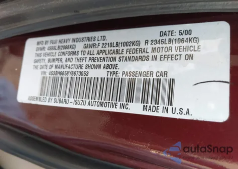 2000 Subaru Outback z USA, uszkodzony, nr VIN 4S3BH6658Y6673053